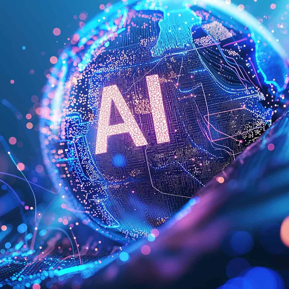 AI technology digital sphere with glowing code and AI text, cybersecurity concepts.