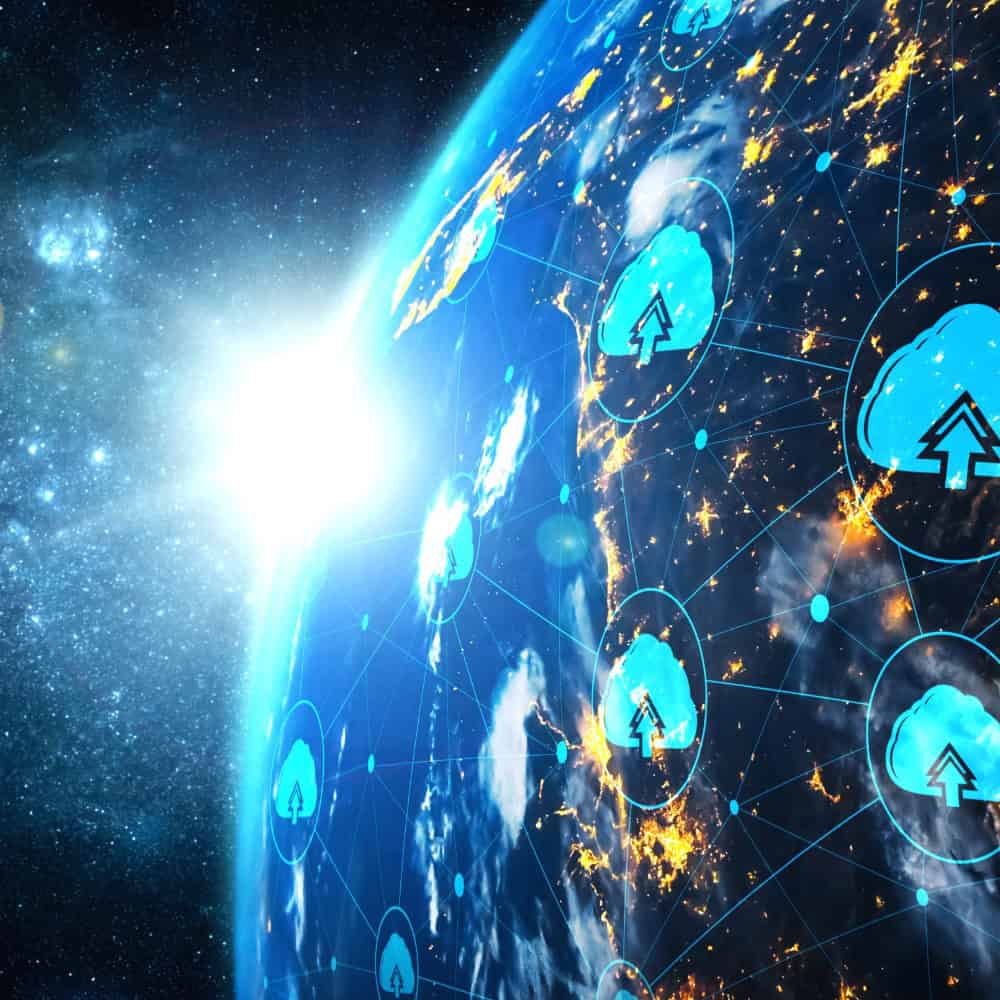 Cloud network security icons on a digital earth globe, representing cybersecurity and data protection.