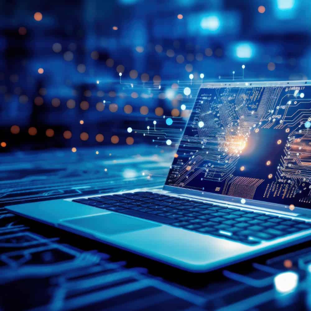 Laptop in cyber space representing EU-hosted secure virtual desktop environment for isolated access to sensitive applications and data.